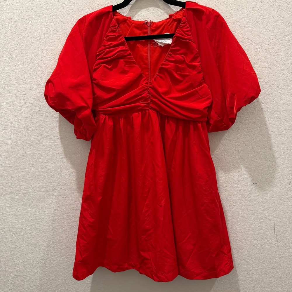Hyacinth House Red Ruched Puff Sleeve V-Neck Mini Dress XS